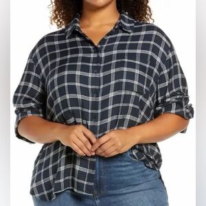 Treasure & Bond Plaid Boyfriend Button Down Shirt Navy 2X